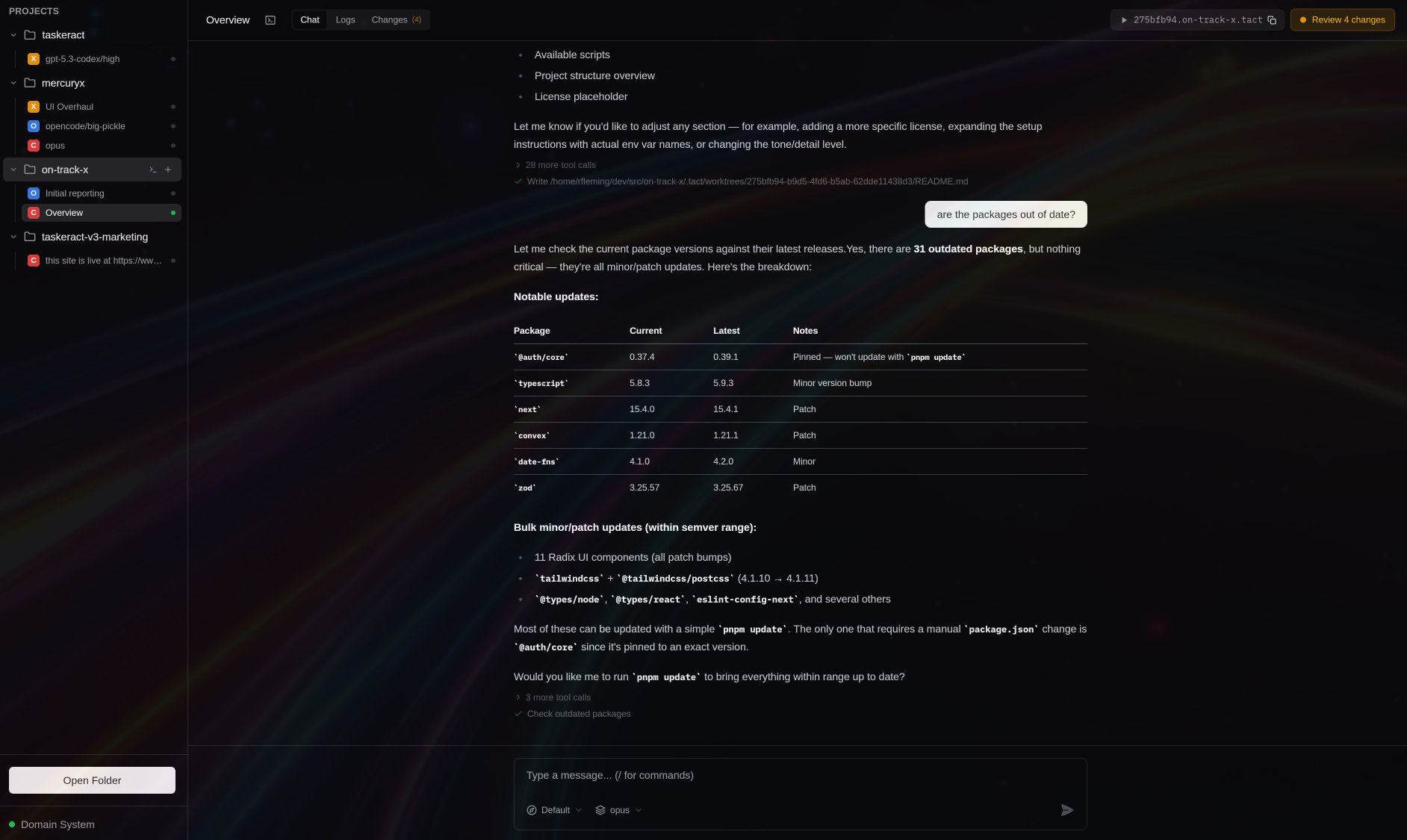 Taskeract desktop application showing project environments and agent sessions