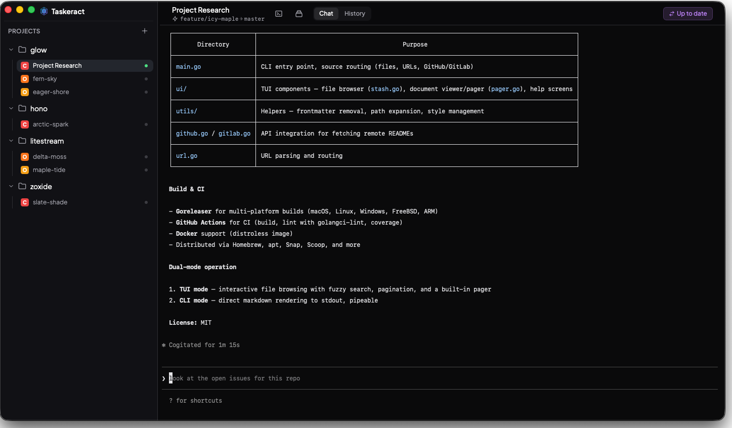 Taskeract desktop application showing project environments and agent sessions