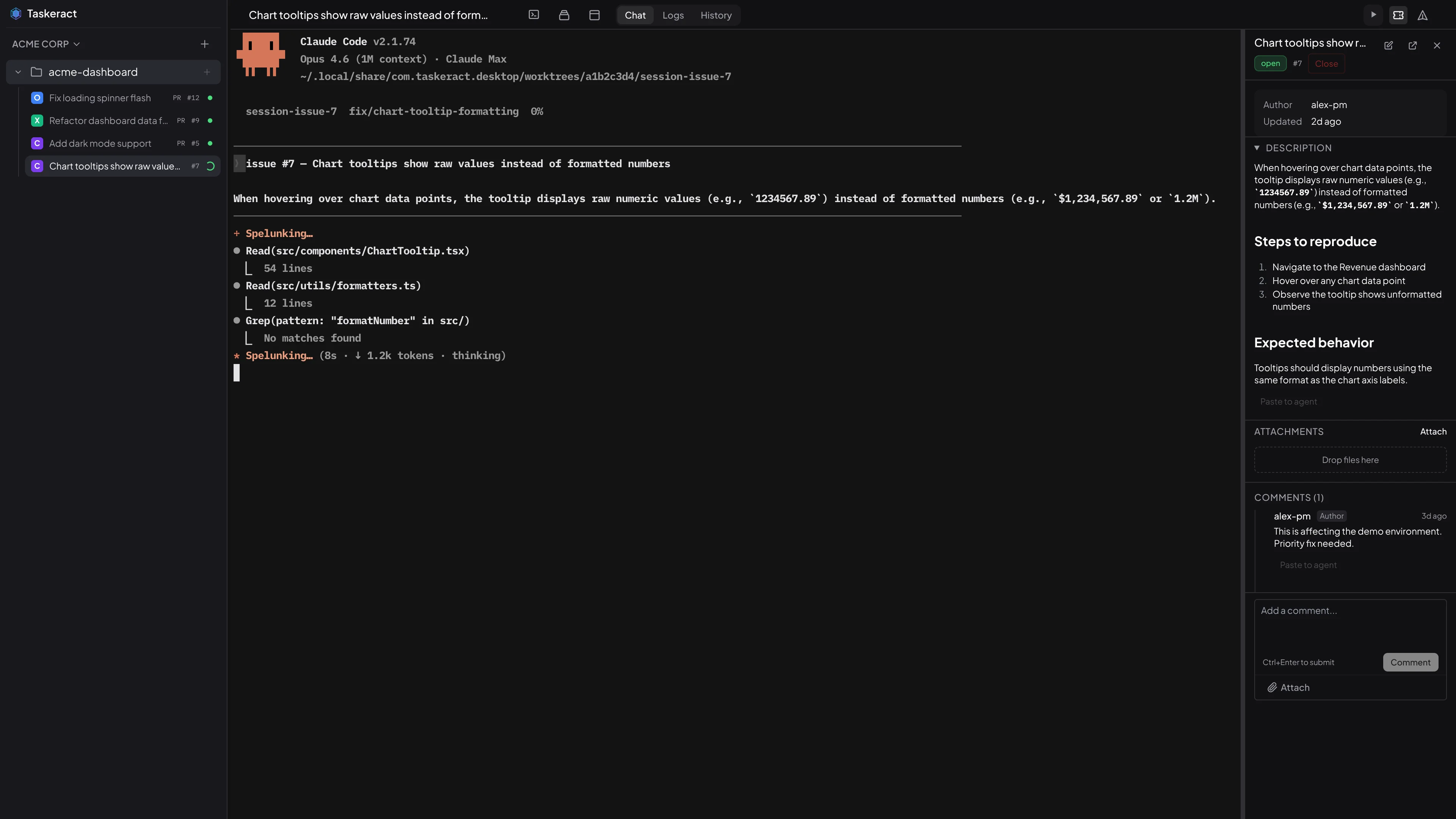 Taskeract agent session with Claude Code working on a coding task