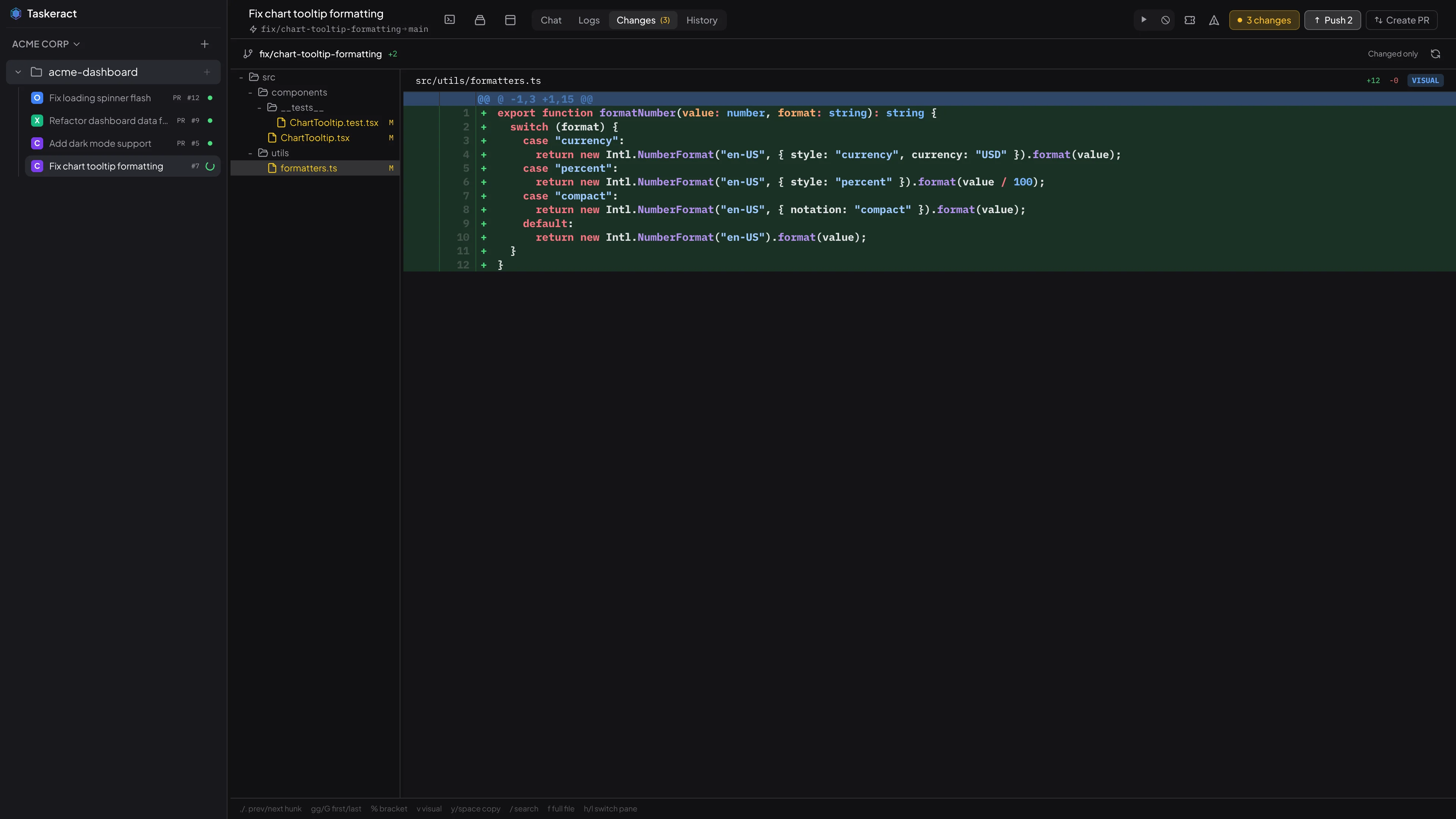 Taskeract changes view with syntax-highlighted diff
