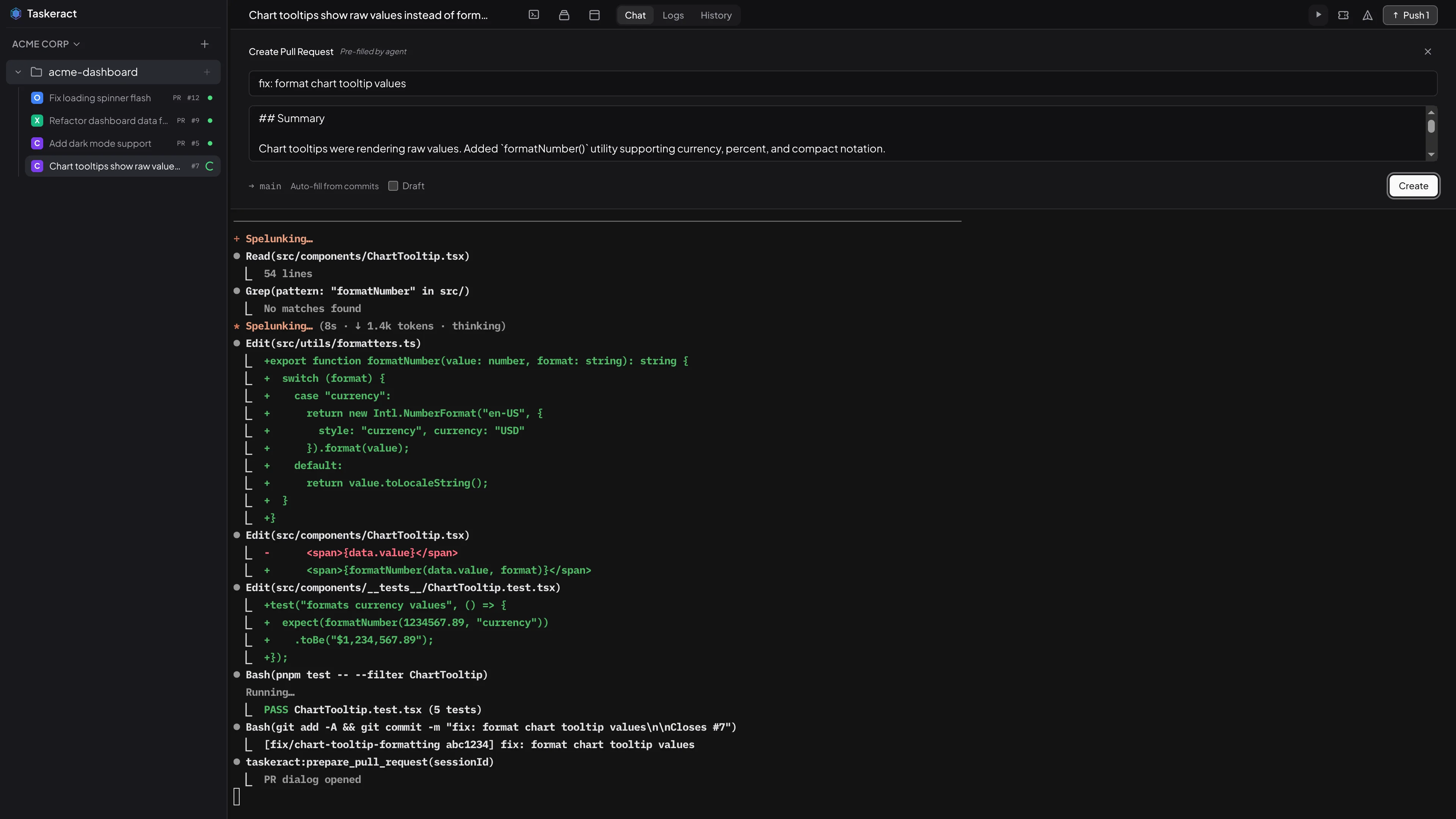 Taskeract create pull request dialog with auto-filled title and description