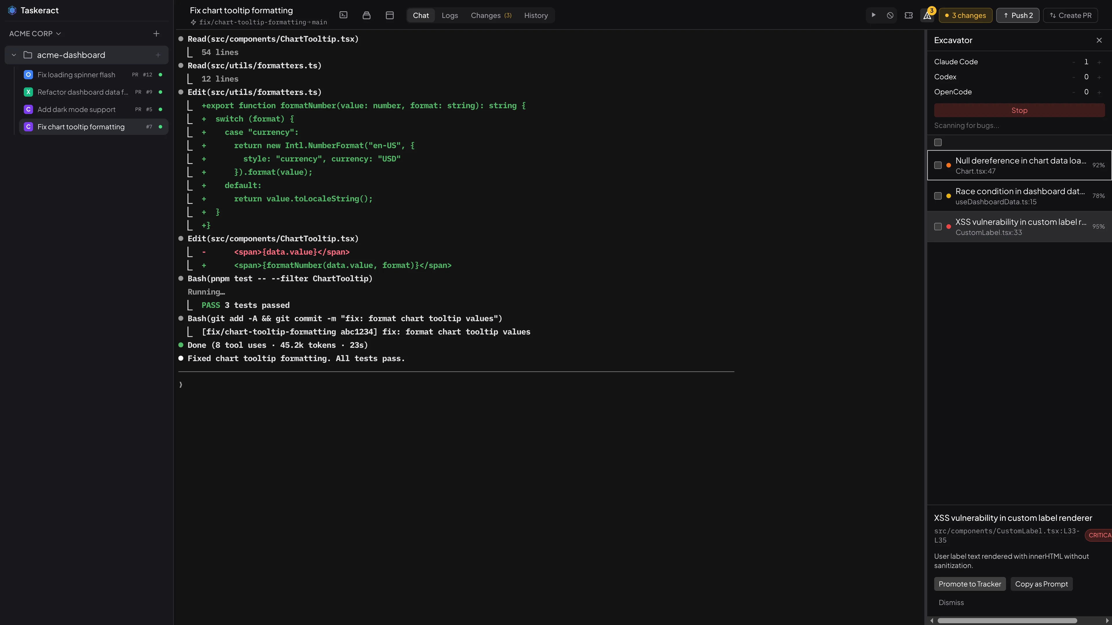 Taskeract Excavator bug scanner showing detected vulnerabilities