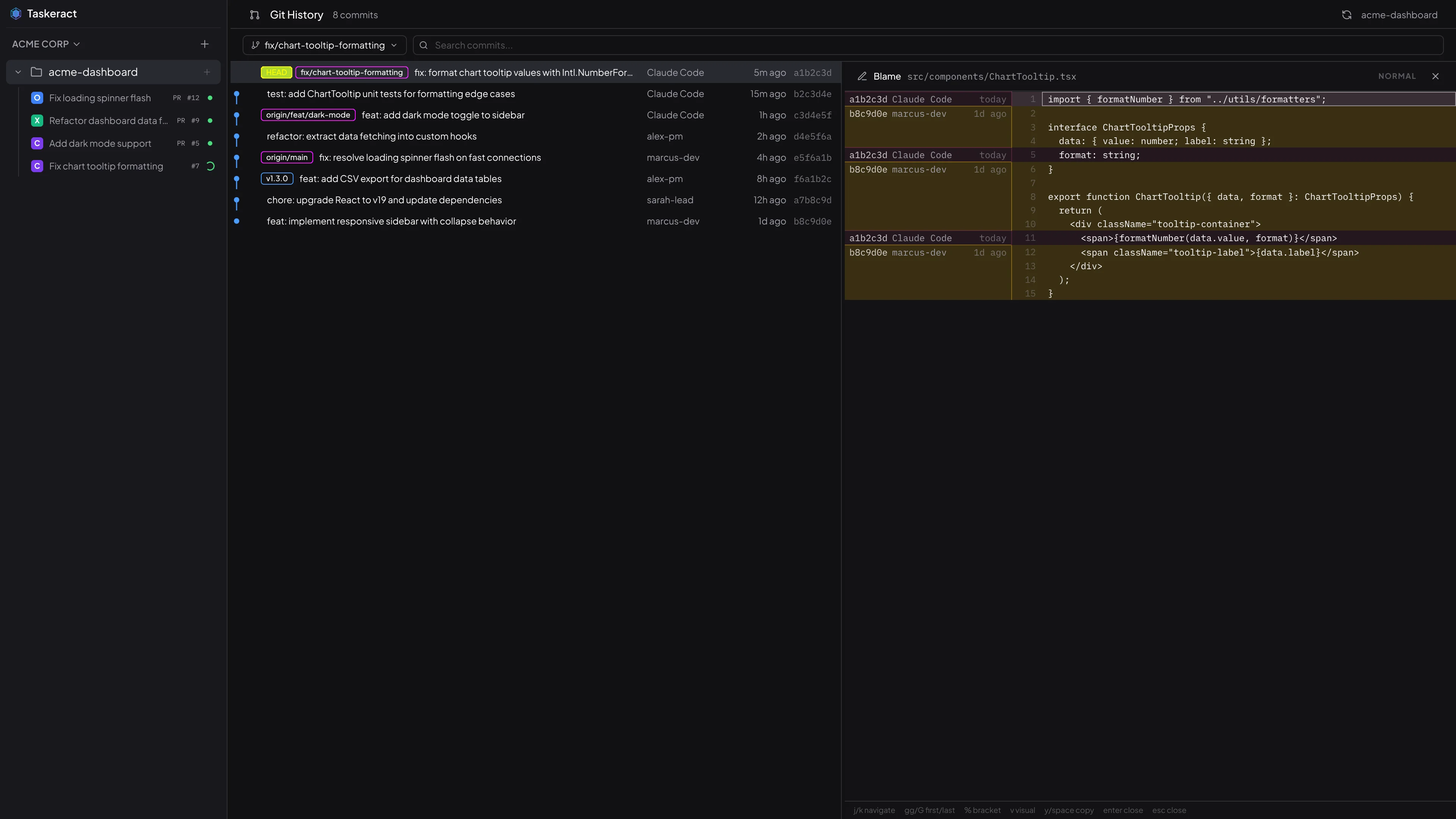 Taskeract blame view with commit annotations and color-coded hunks