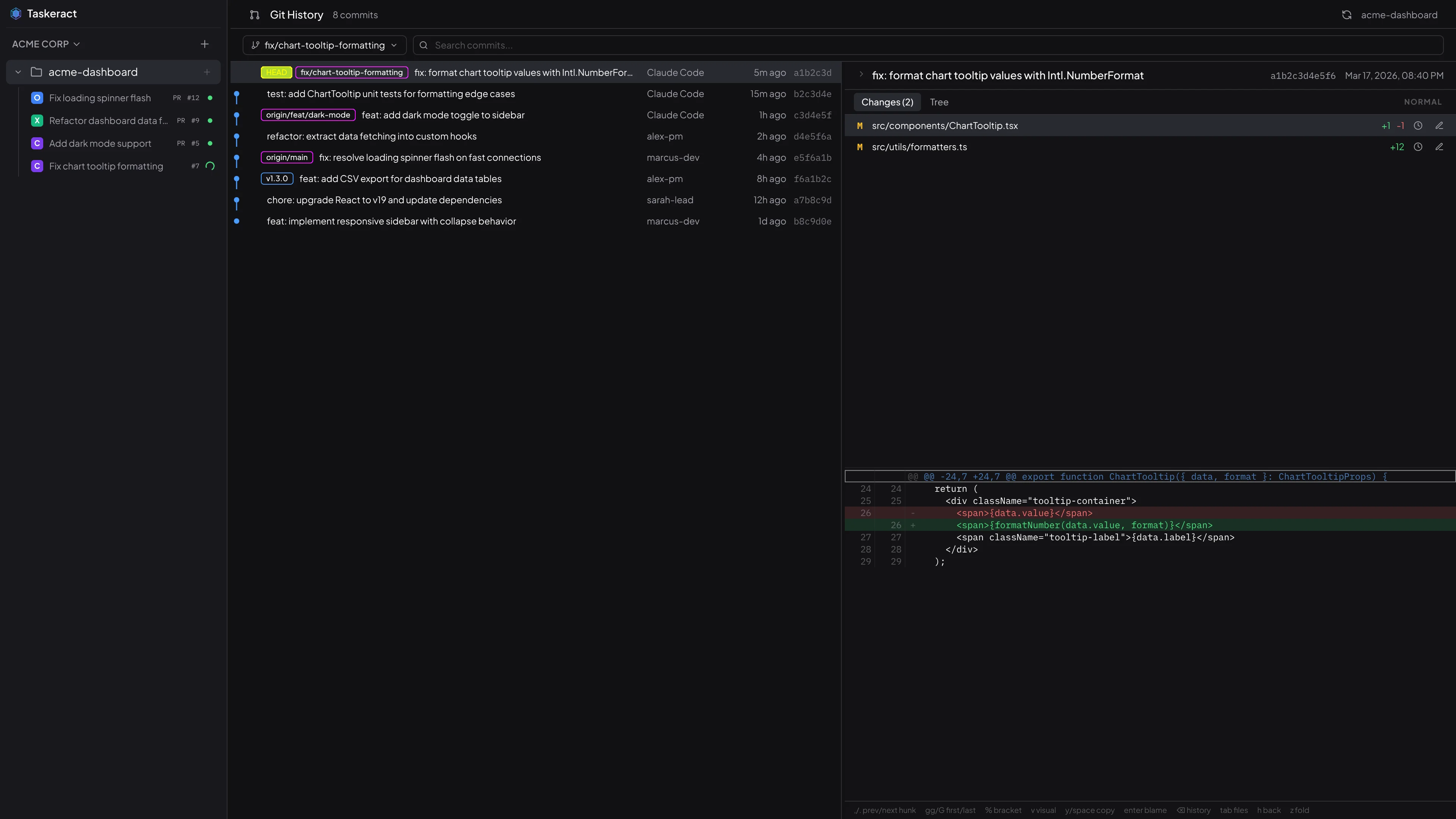 Taskeract git history viewer with commit graph and syntax-highlighted diff