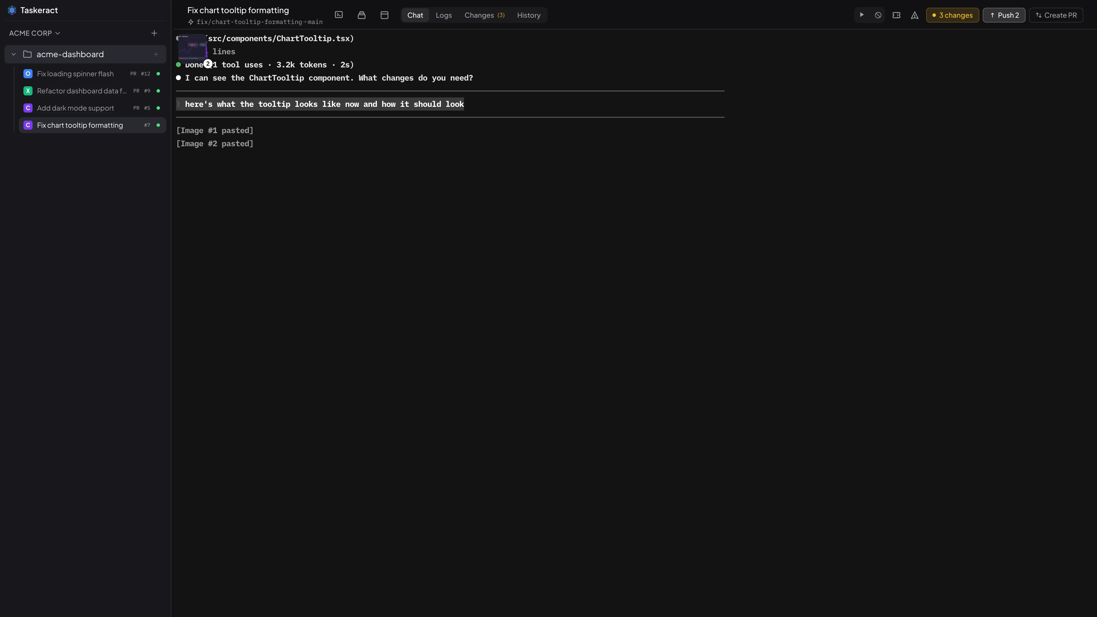 Taskeract terminal with pasted image thumbnails stacked in the corner