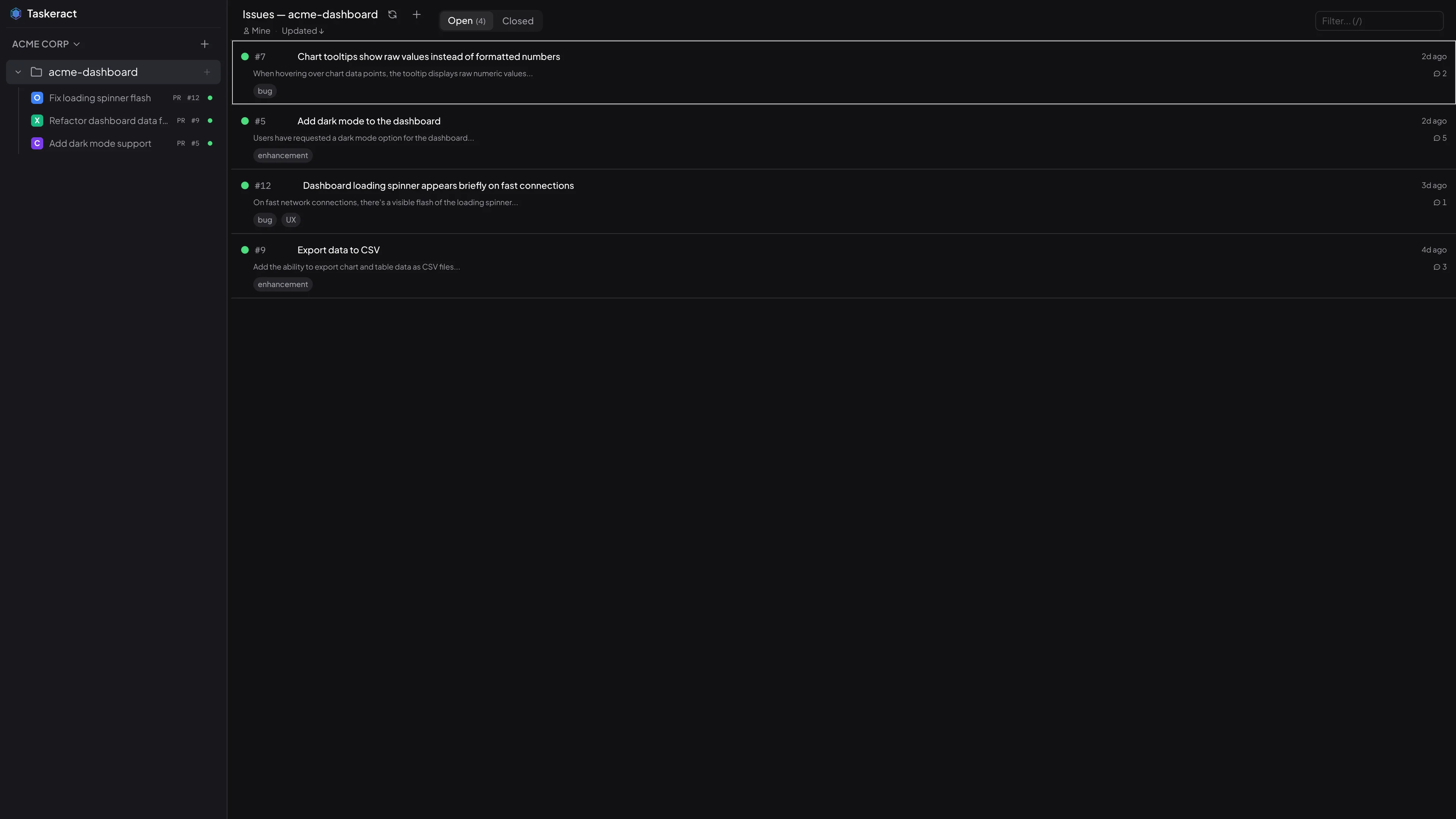 Taskeract issue tracking with GitHub, GitLab, Jira, Linear, Trello, and Taiga