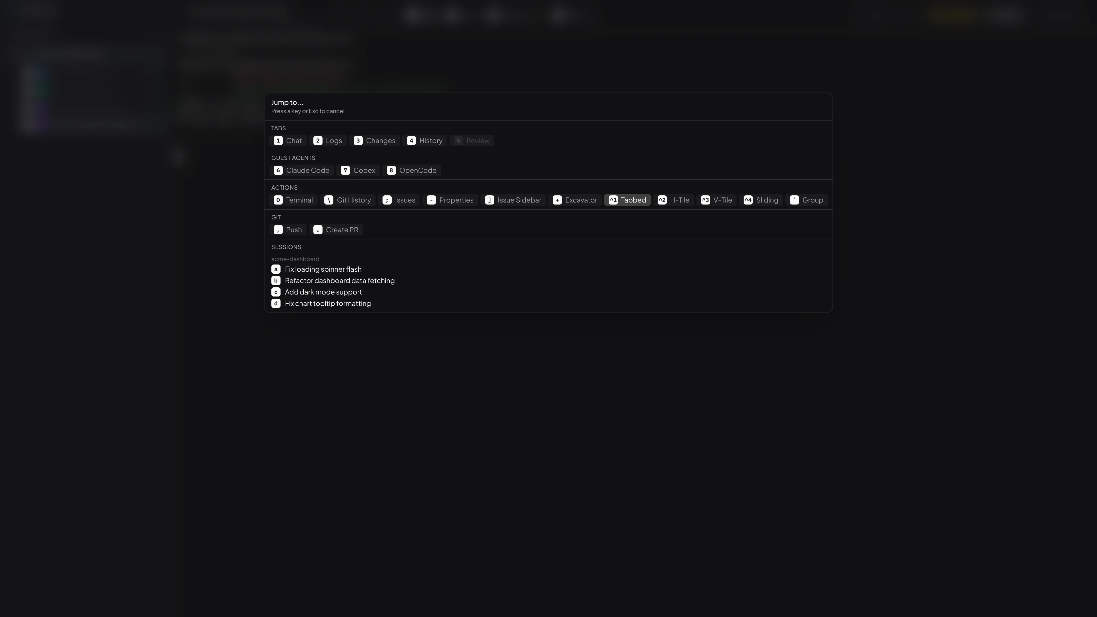 Taskeract jump mode for keyboard-driven navigation