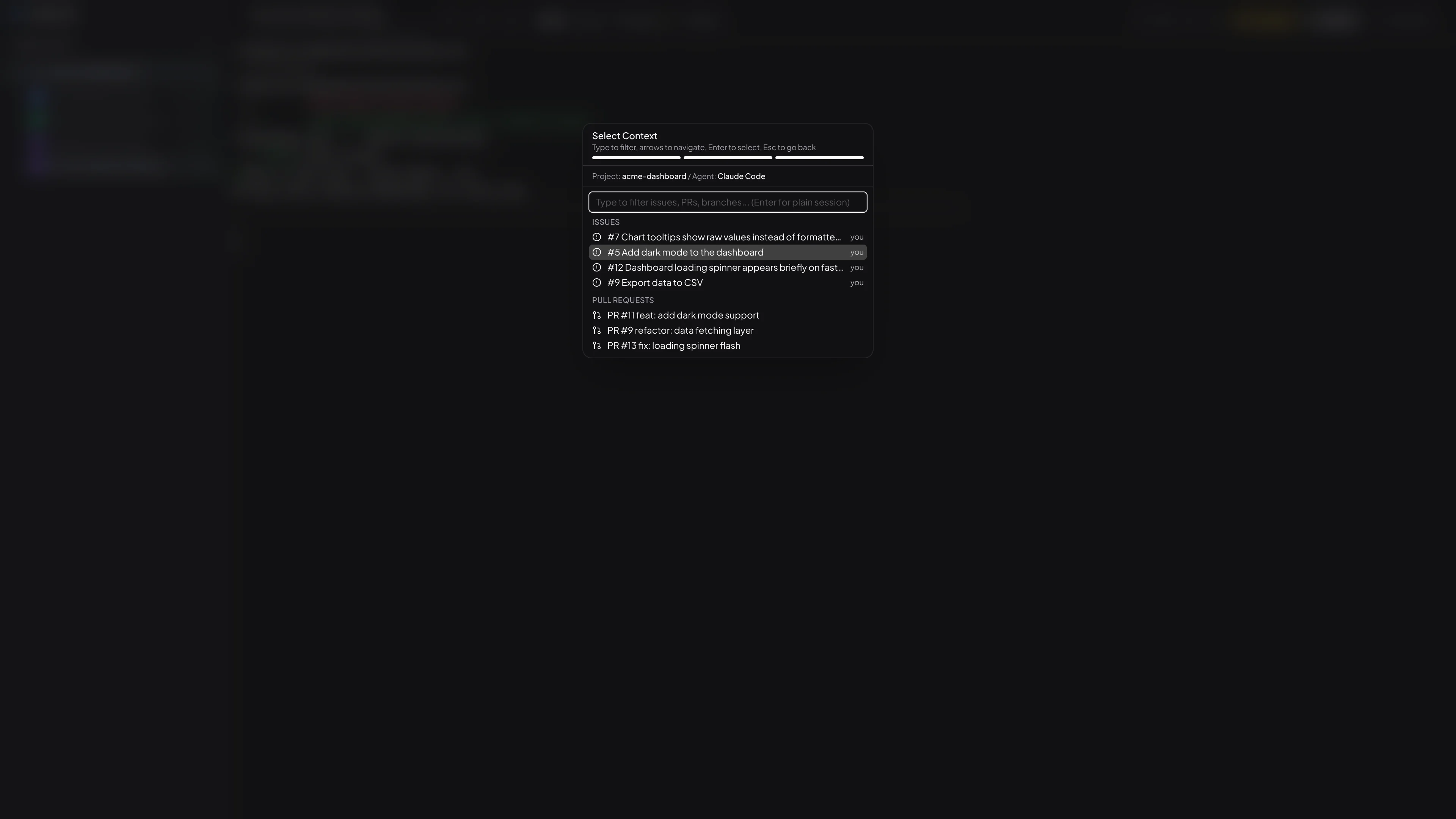 Taskeract session creation wizard with project, agent, and context selection