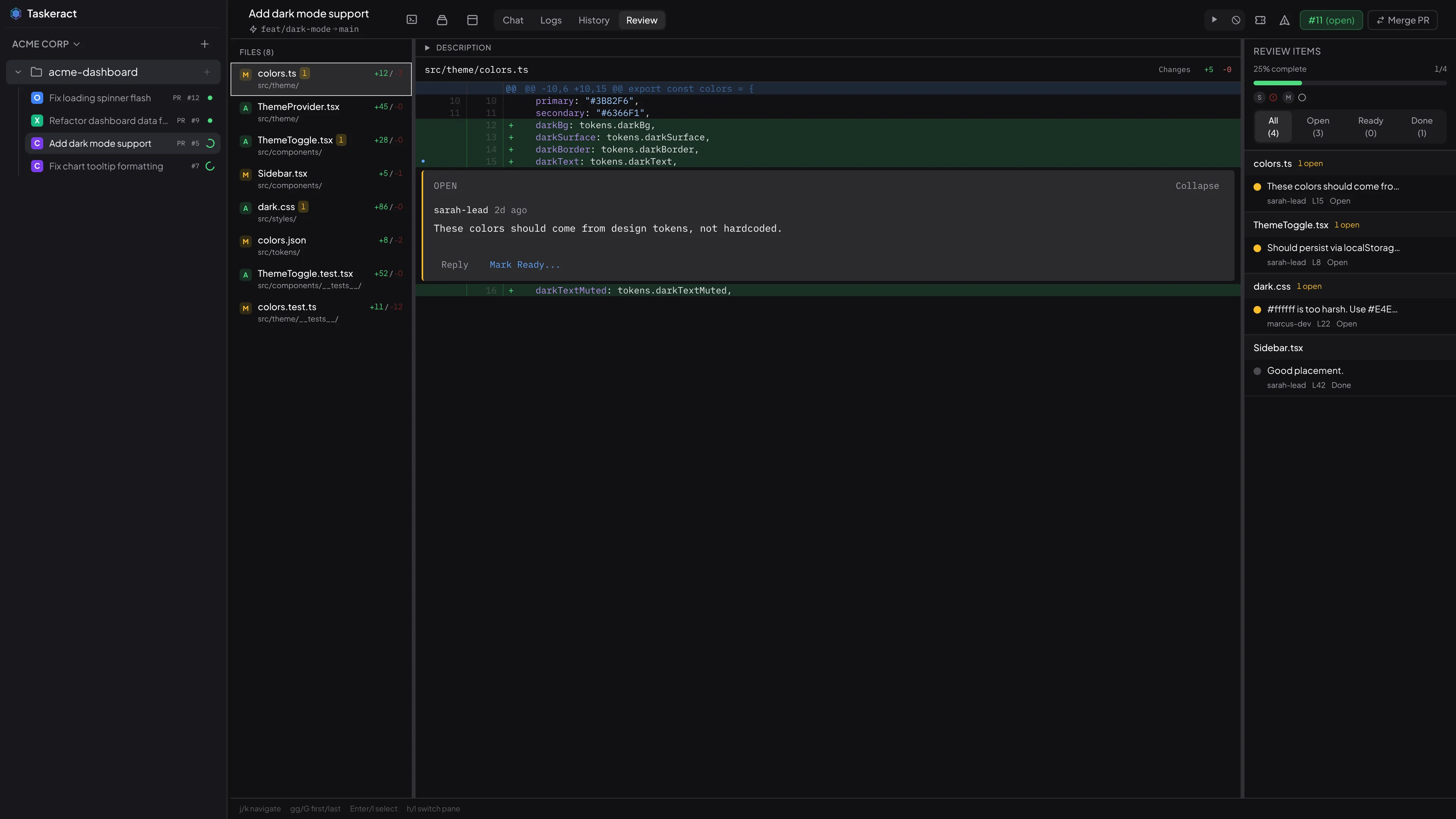 Taskeract PR review with three-pane layout showing file list, diff, and checklist