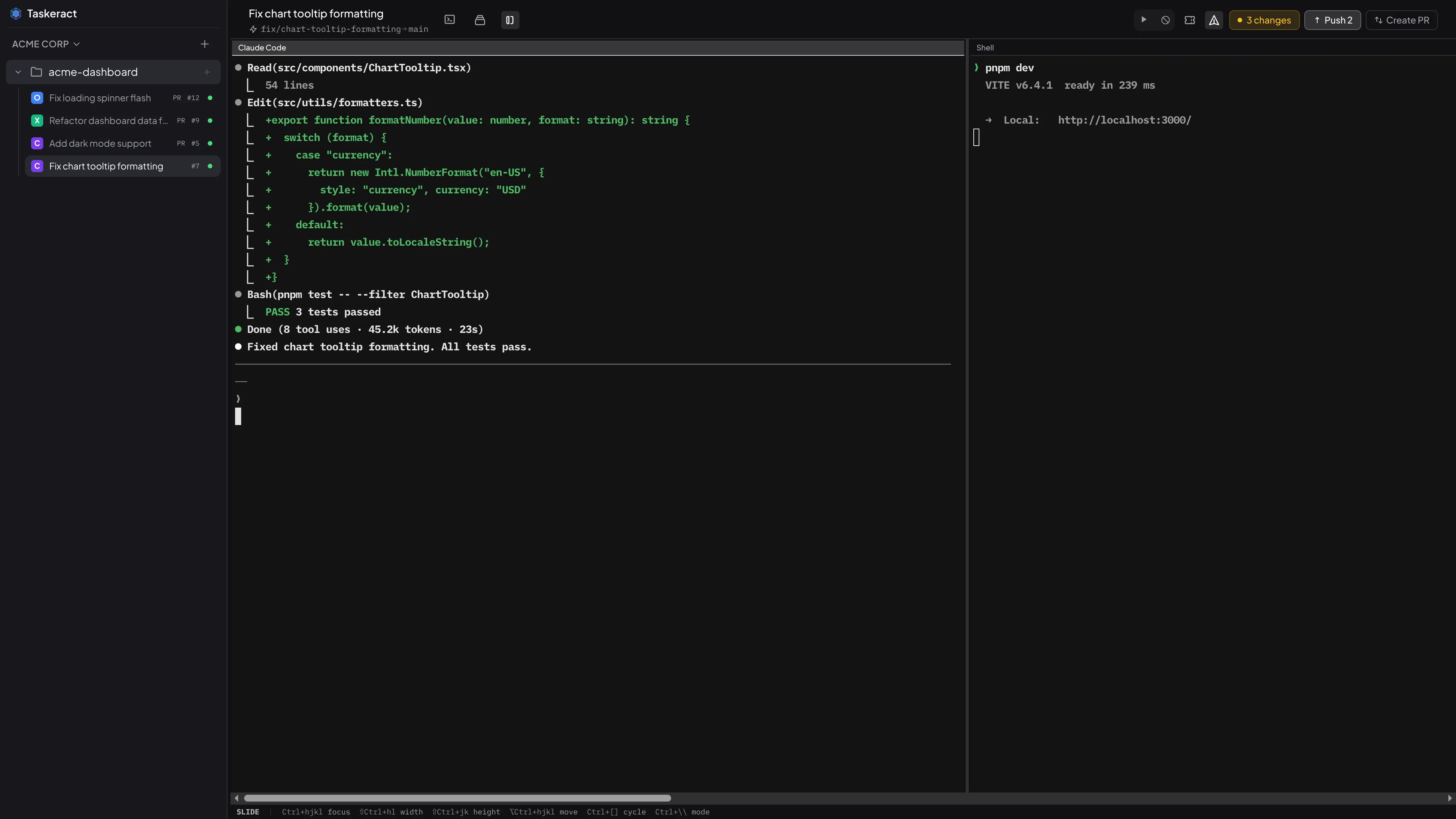 Taskeract sliding layout with horizontal scrolling windows