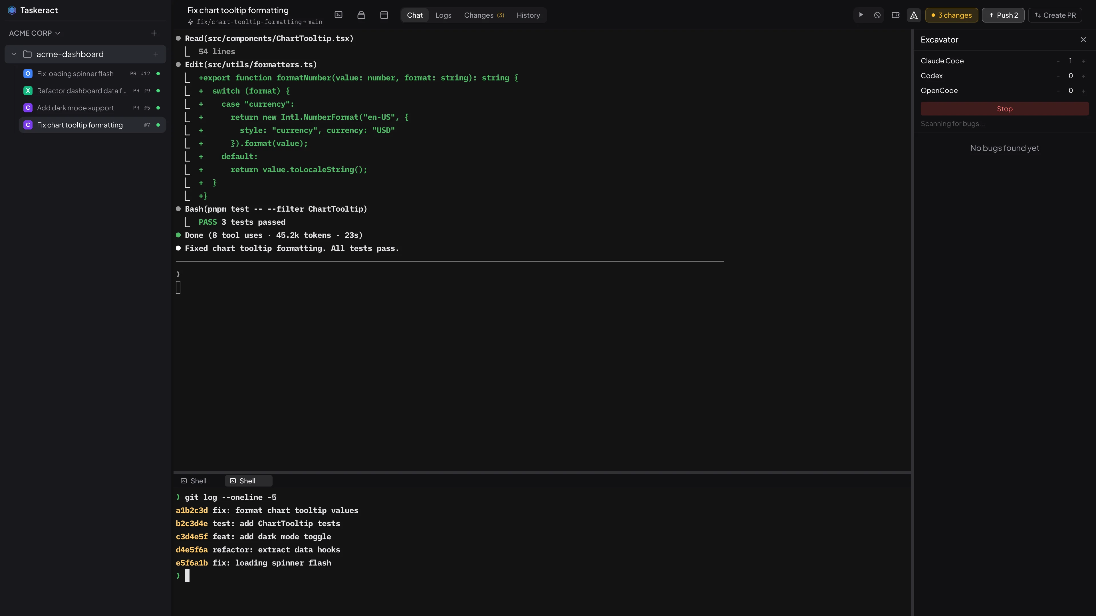 Taskeract tabbed layout with shell panel and excavator sidebar
