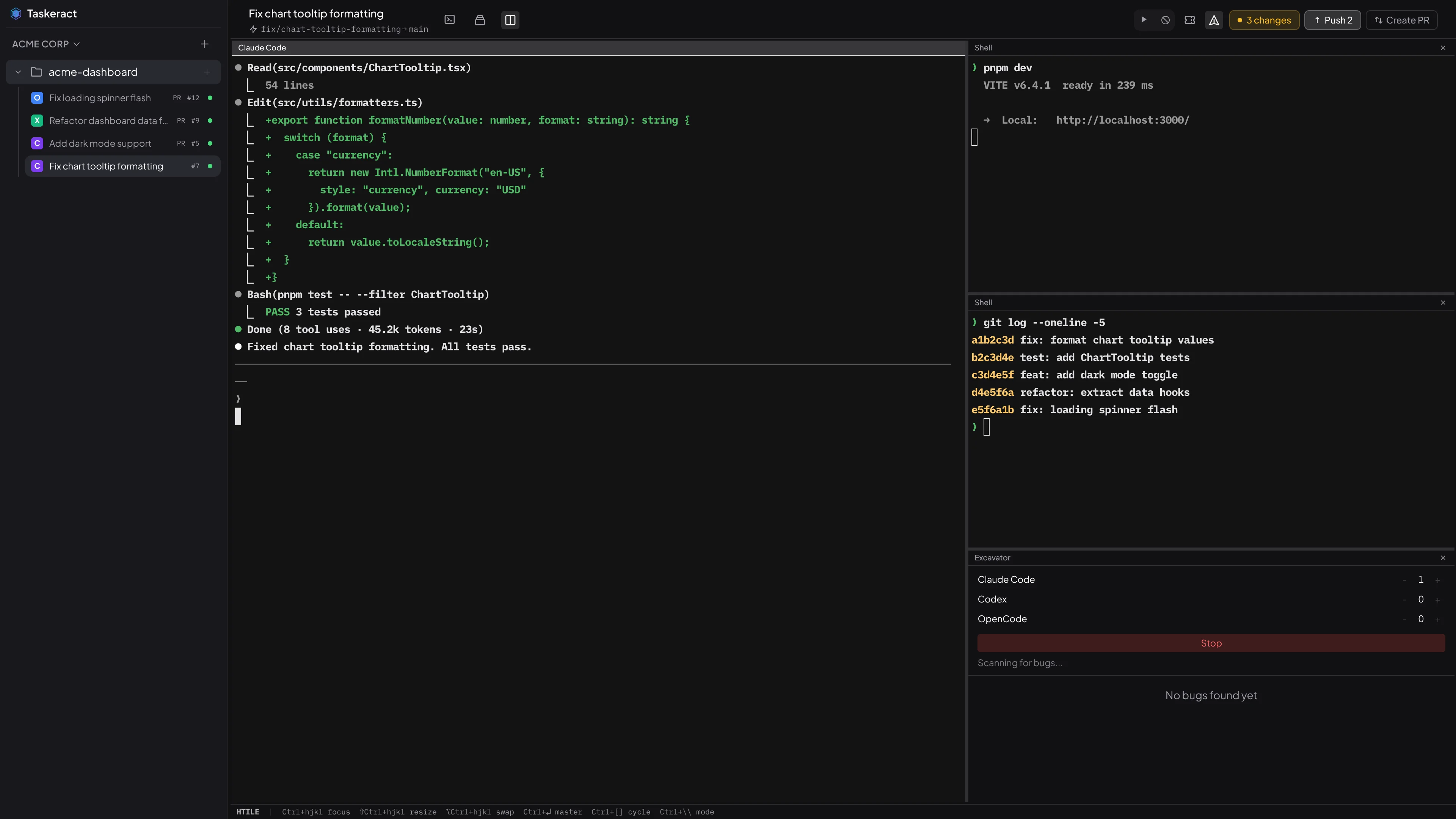 Taskeract tiling window layout with multiple terminals side by side